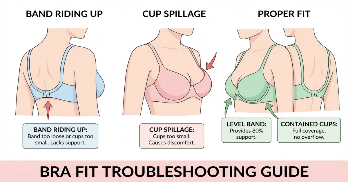 Illustration showing bra fit problems including band riding up and cup spillage