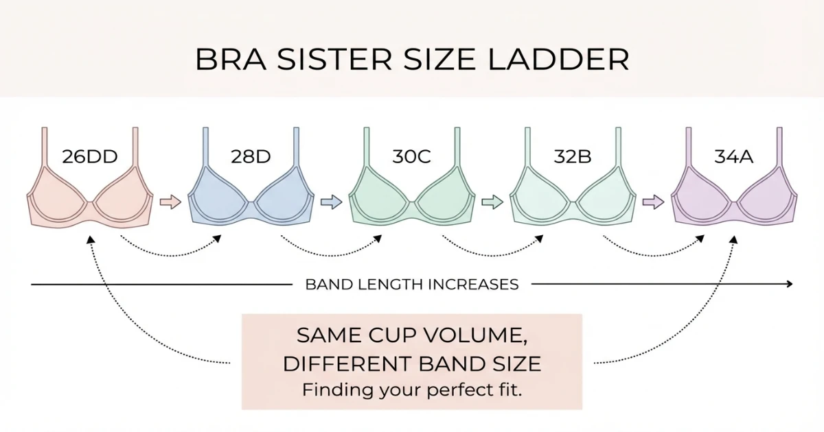 Sister size ladder graphic showing 26DD, 28D, 30C, and 32B as equivalent cup volumes