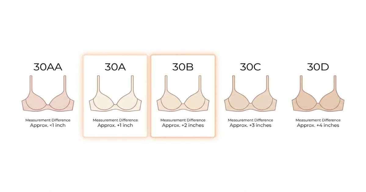 Visual chart showing bra size comparisons from 30AA through 30D, highlighting the position of 30A and 30B