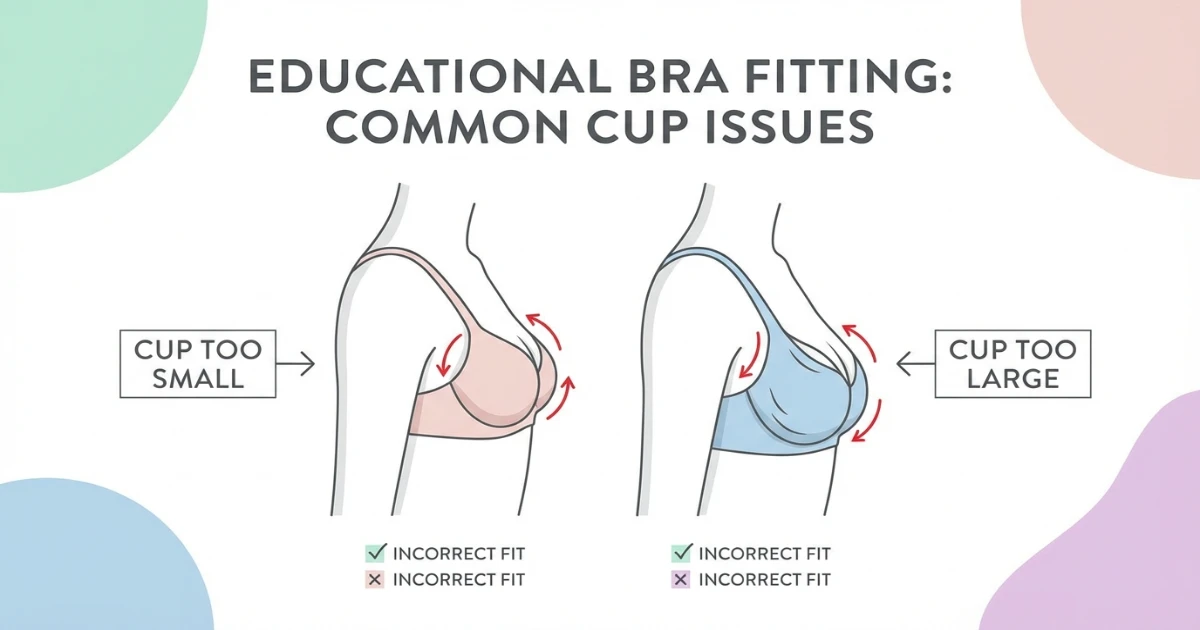 Bra fit diagram showing spillage from small cups and gaping from large cups.