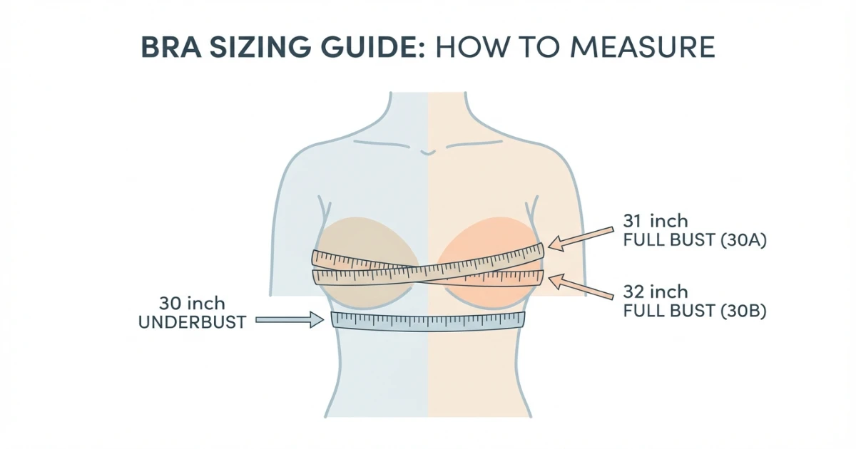 Illustration of a person measuring underbust and full bust with a measuring tape, showing 30A and 30B measurement examples