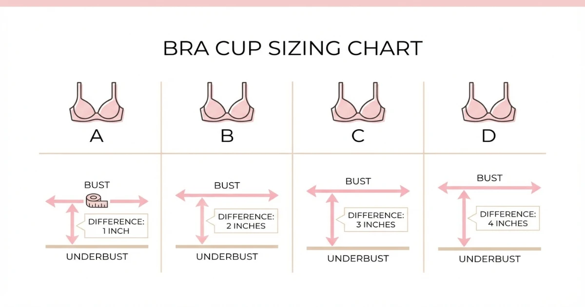 Diagram showing how bra cup letters A through D correspond to increasing bust-to-band differences