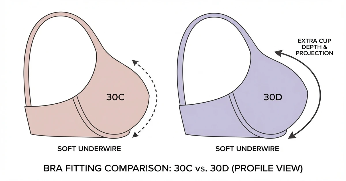 Bra size comparison chart showing 30C and 30D alongside related sister sizes including 28D, 32B, 28DD and 32C