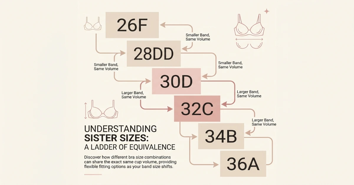 Sister size ladder chart showing 28DD, 30D, 32C, 34B, and 36A as equivalent cup volumes across different band sizes