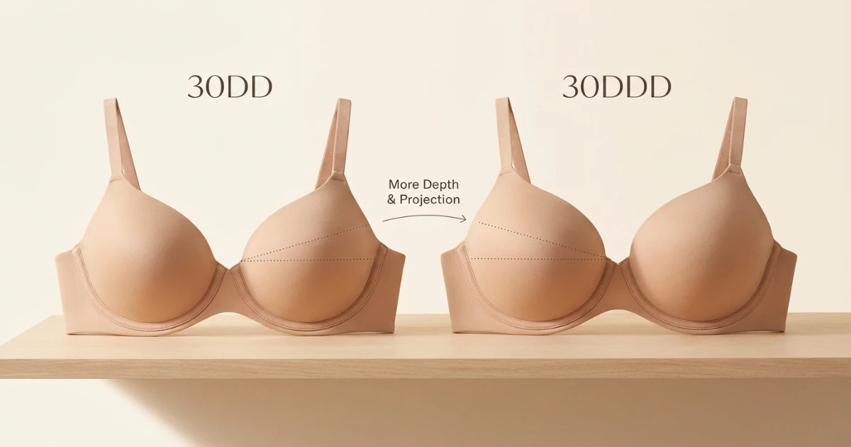 Illustration showing the difference in cup depth and volume between 30DD and 30DDD bras on the same 30 band