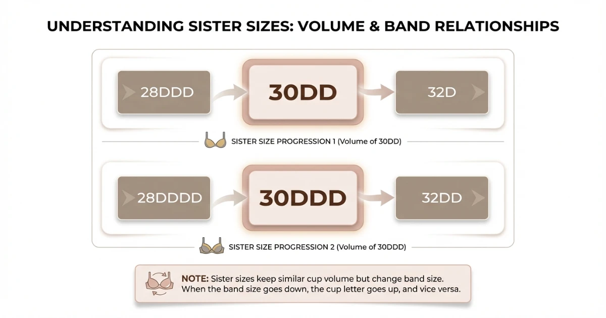 Sister size chart showing 28DDD, 30DD, 32D and 28DDDD, 30DDD, 32DD relationships for equal cup volume across different band sizes