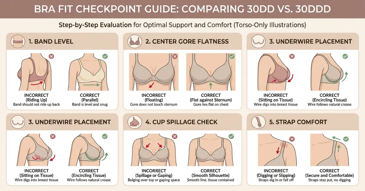 Step-by-step visual showing how to check band fit, center gore, underwire placement, cup spillage, and strap comfort in a bra fitting mirror