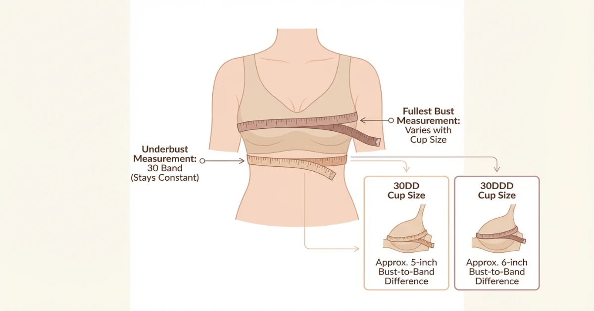 Bra fit diagram showing common signs that a 30DD is too small, including top spillage, side pressure, and center gore lifting