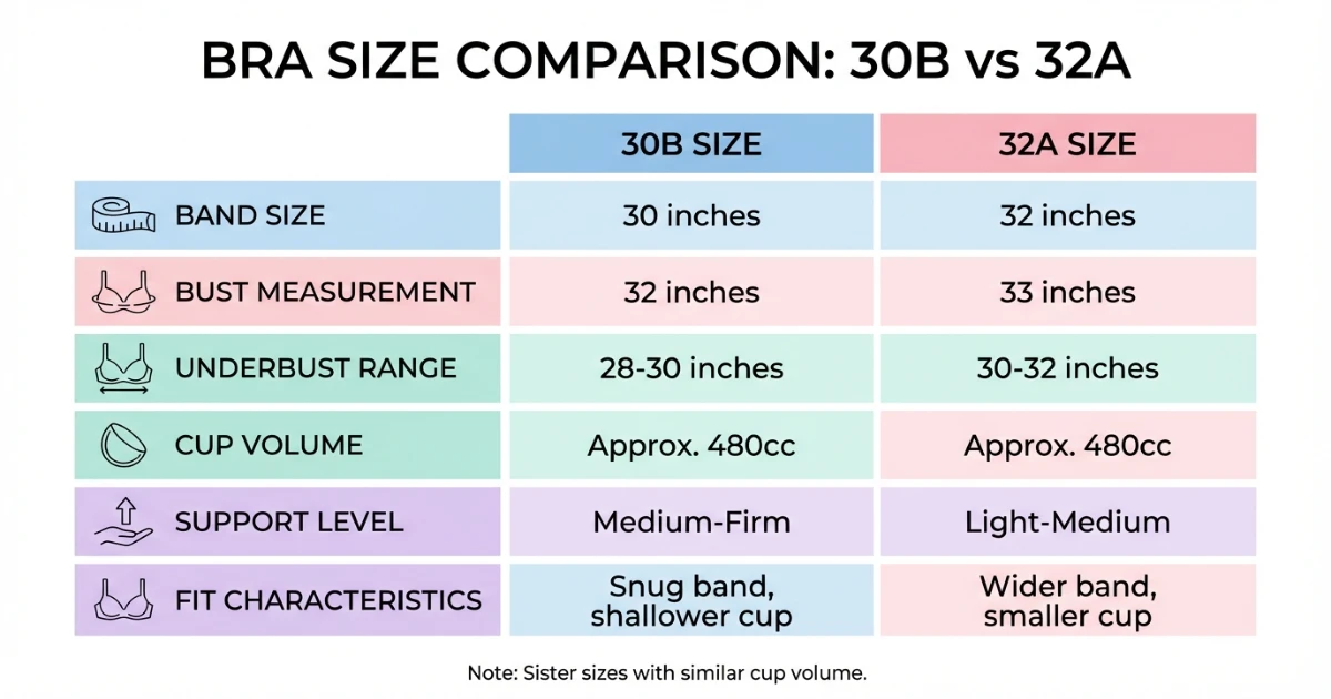 Comparison chart showing band size, bust measurement, and fit differences between 30B and 32A.