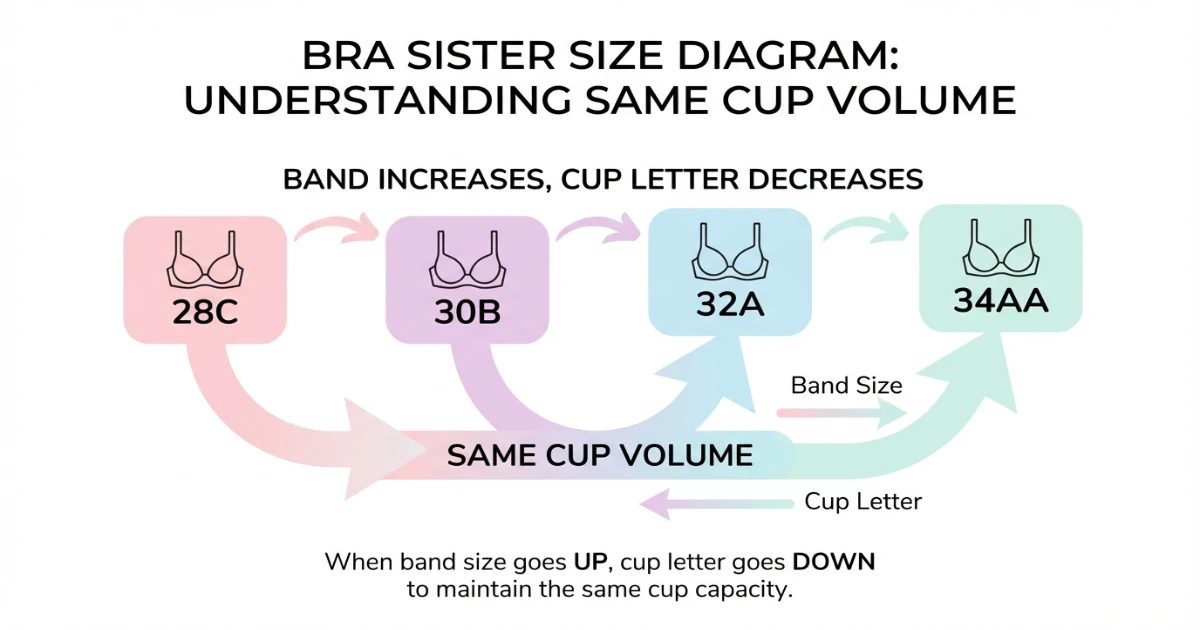 Sister size diagram showing how 30B and 32A share the same cup volume with different band sizes.