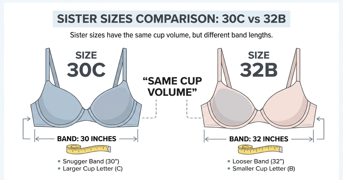 30C vs 32B sister size comparison diagram showing equal cup volume on different band widths