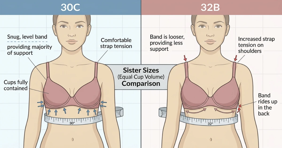 Side-by-side illustration showing how 30C and 32B fit differently on a body despite equal cup volume