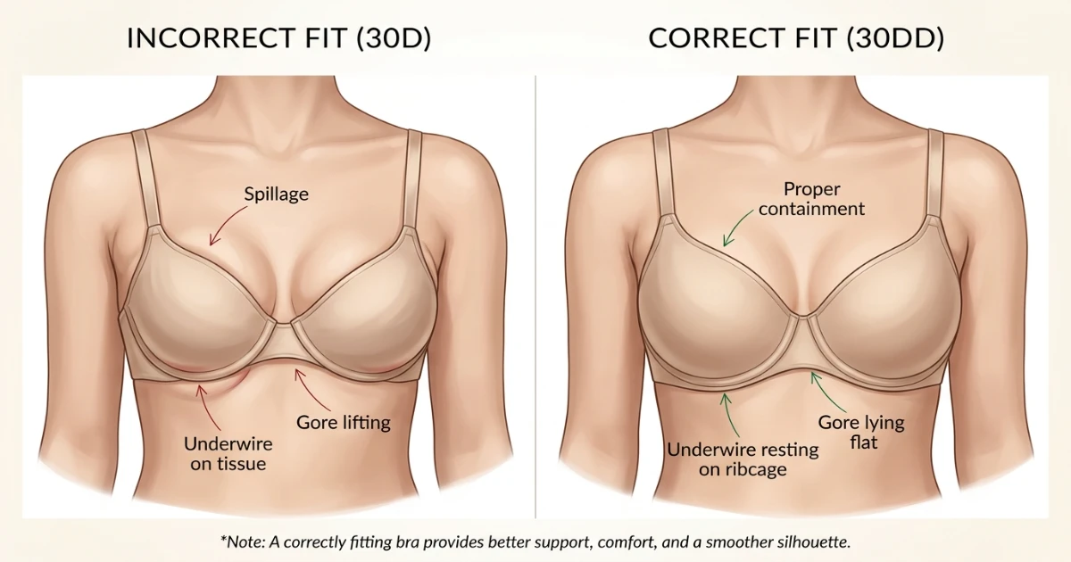 Illustration showing correct 30DD bra fit versus overfull 30D fit with underwire and cup annotations