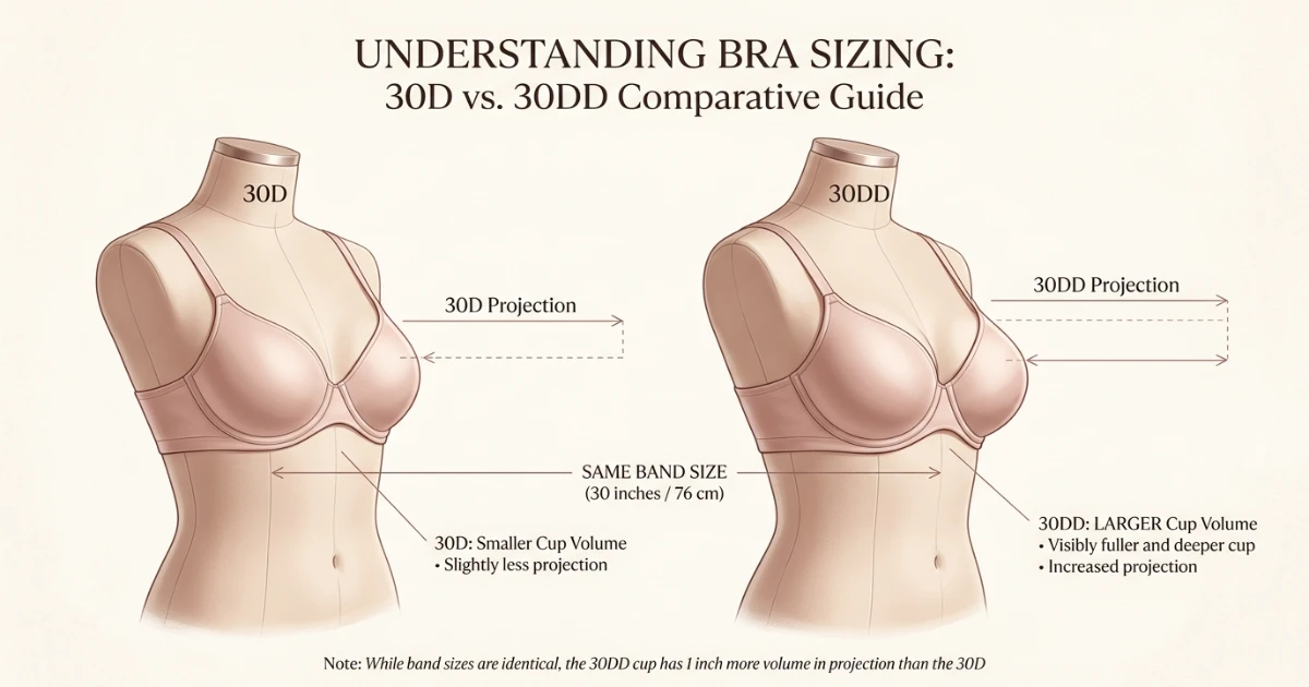 Side-by-side diagram showing 30D vs 30DD cup size difference with measurement annotations