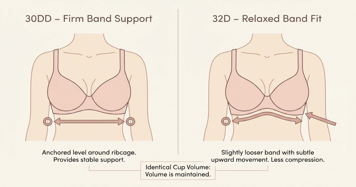 Side-by-side illustration showing 30DD firm band fit versus 32D relaxed band fit on the same body shape
