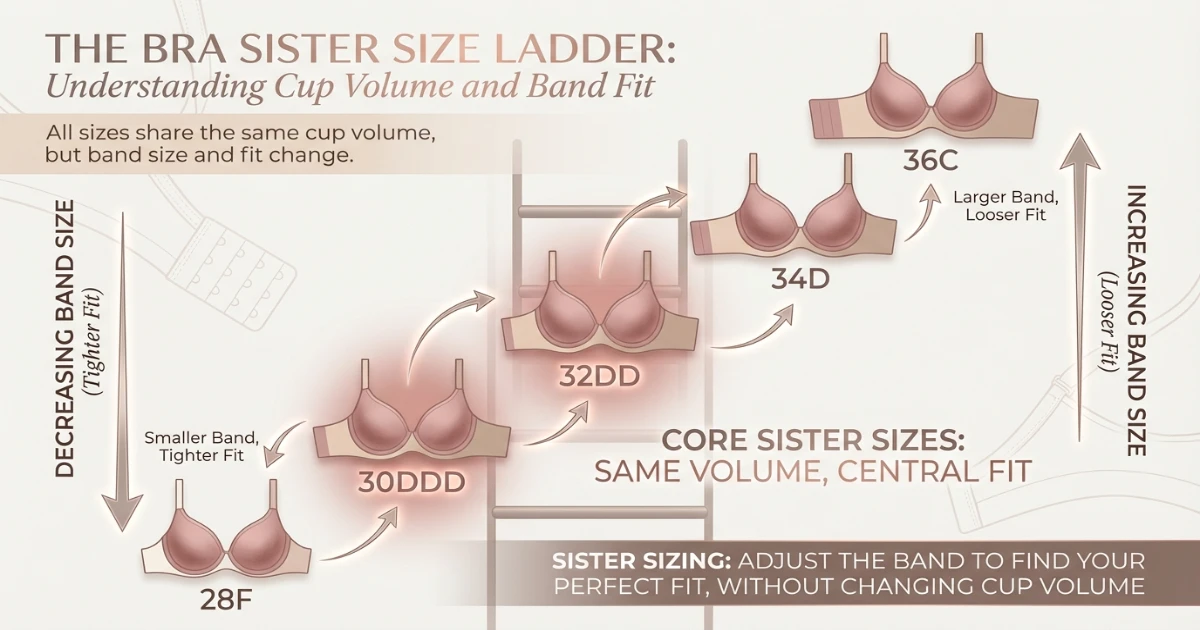 Sister size ladder chart displaying 28F, 30DDD, 32DD, 34D, and 36C as equivalent cup volume sizes with band measurement annotations