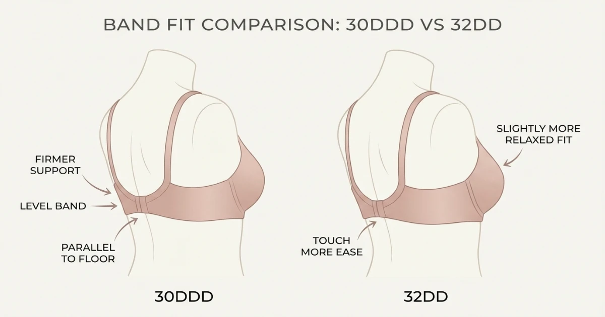 Side-by-side illustration showing a correctly fitting 30DDD band versus a correctly fitting 32DD band on the torso, with hook position and band angle annotated