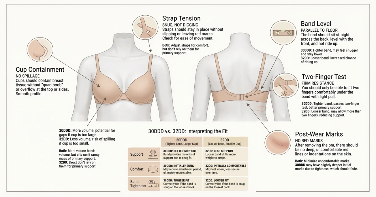 Annotated illustration of the five-point bra fit test showing band position, cup check, strap position, and hook placement for 30DDD and 32DD sizes