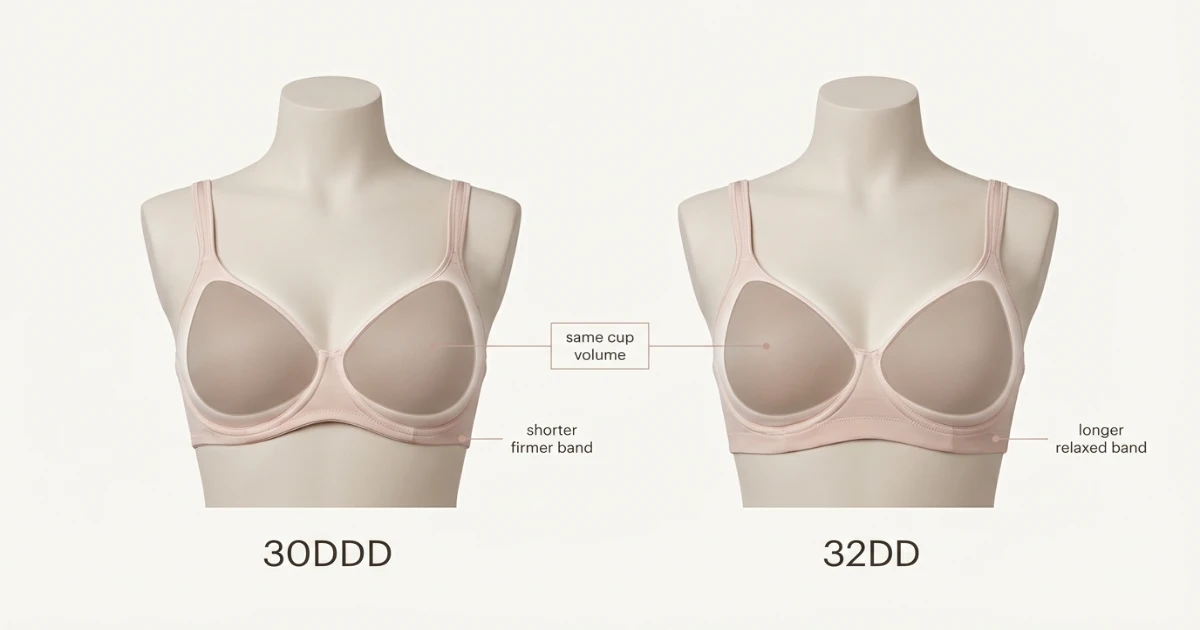 Diagram comparing 30DDD and 32DD bra sizes showing equal cup volume with different band widths and size labels