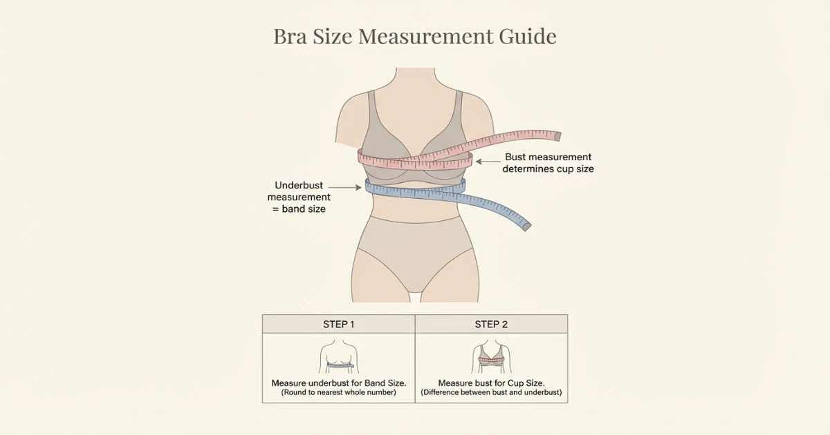 Bra measurement diagram showing how to measure underbust and bust to determine band and cup size