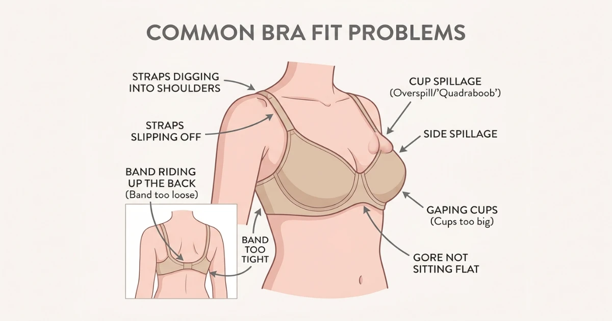 Visual guide to common bra fit problems including cup spillage, gaping, and band riding up