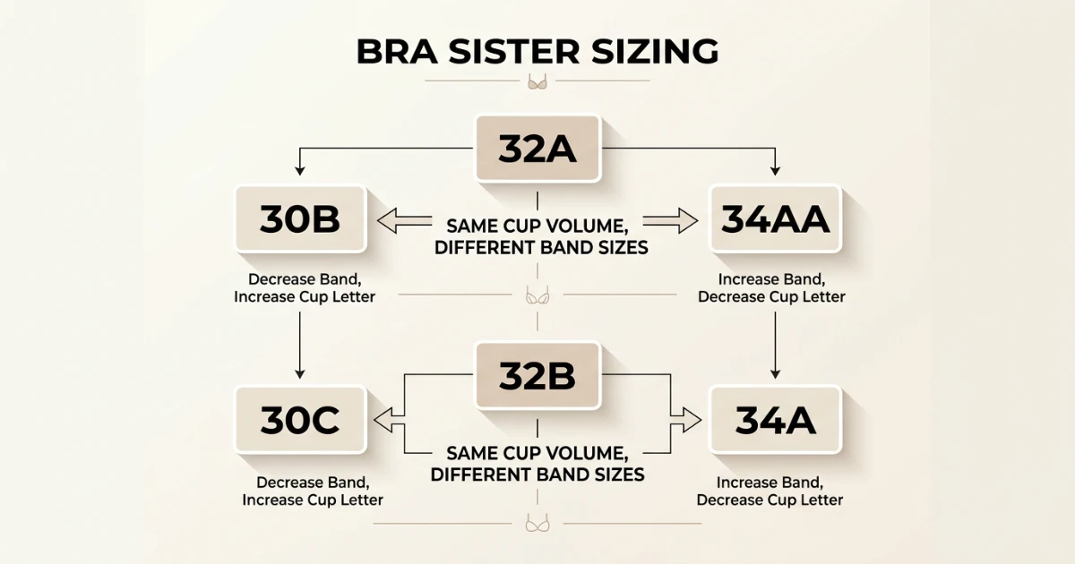 32A vs 32B bra size comparison graphic showing bust measurement difference and cup projection