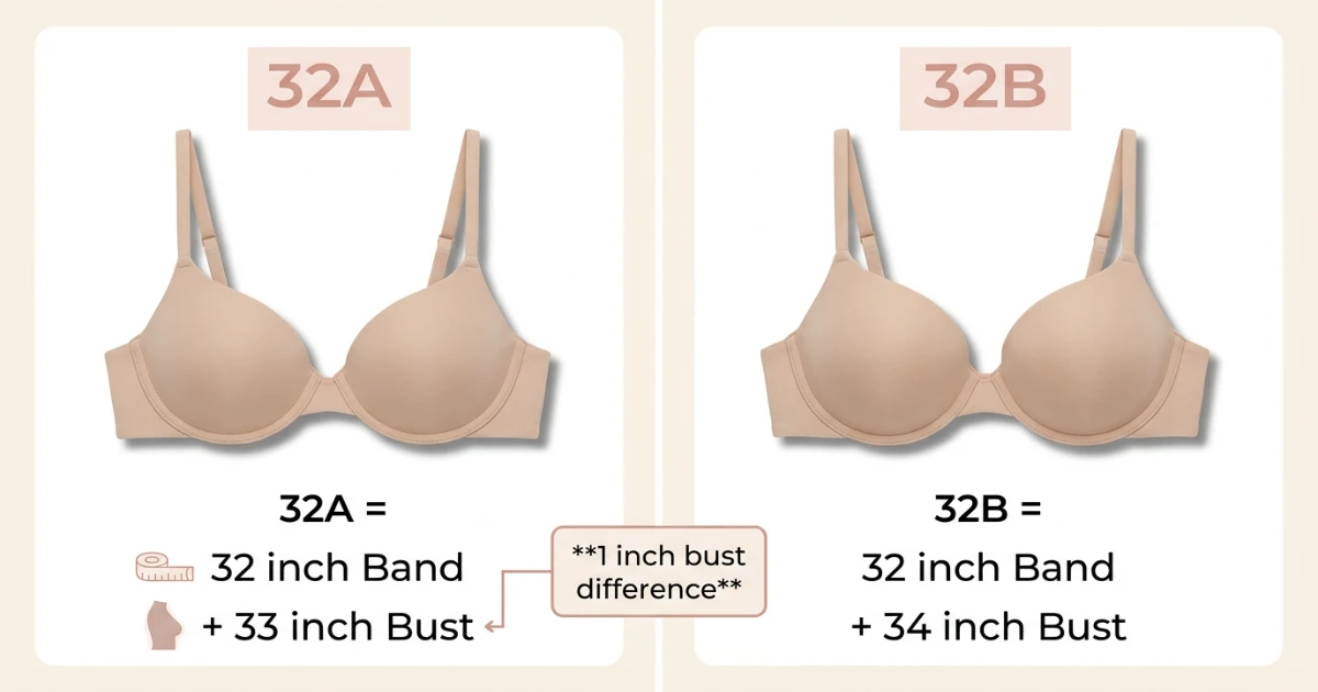 Side-by-side cup volume illustration comparing 32A and 32B bra cups showing 1 inch of depth difference