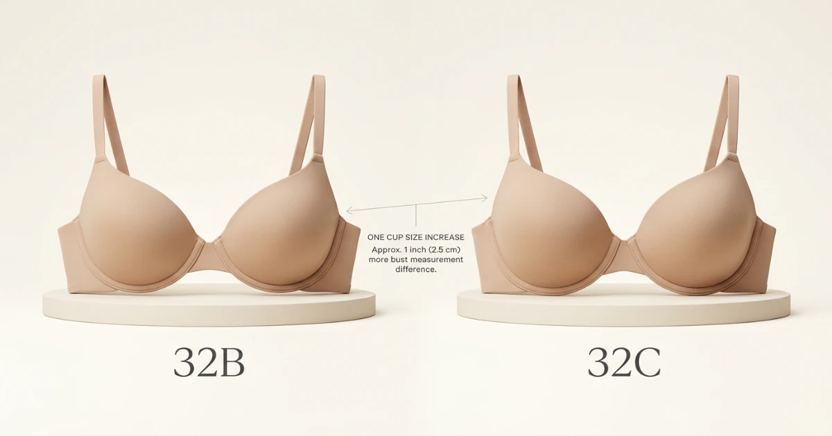 Side by side bra cup comparison showing 32B versus 32C with the C cup having deeper projection and slightly larger volume