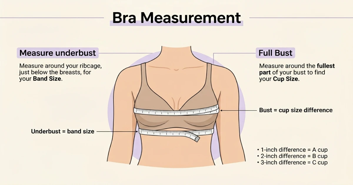 Bra measurement diagram showing underbust and bust measurements used to calculate 32B and 32C bra sizes