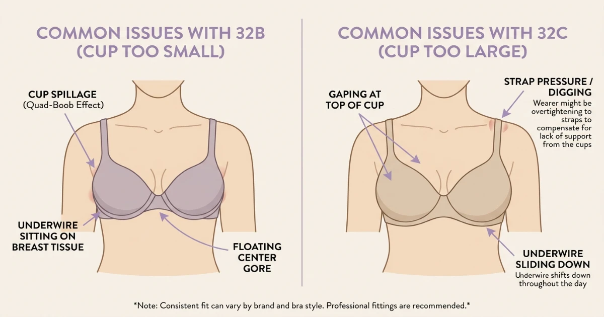 Bra fit problems guide showing cup spillage gaping floating center gore and underwire pressure for 32B vs 32C