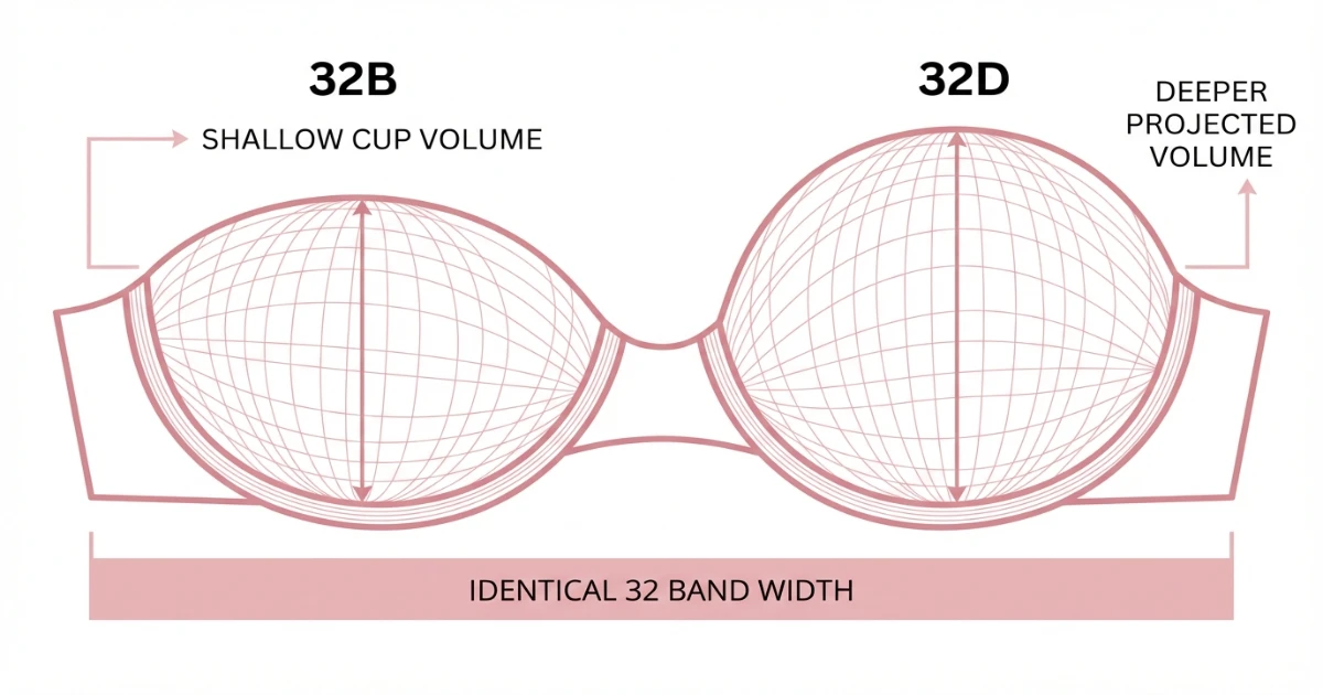 Side-by-side illustration of a 32B bra cup and a 32D bra cup showing the volume difference on the same 32-inch band