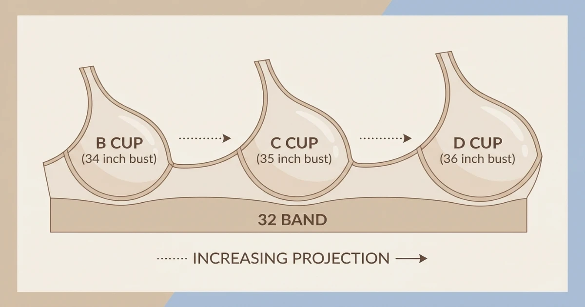 Cup progression diagram showing B, C, and D cups on a 32-inch band, illustrating increasing projection and volume with each letter