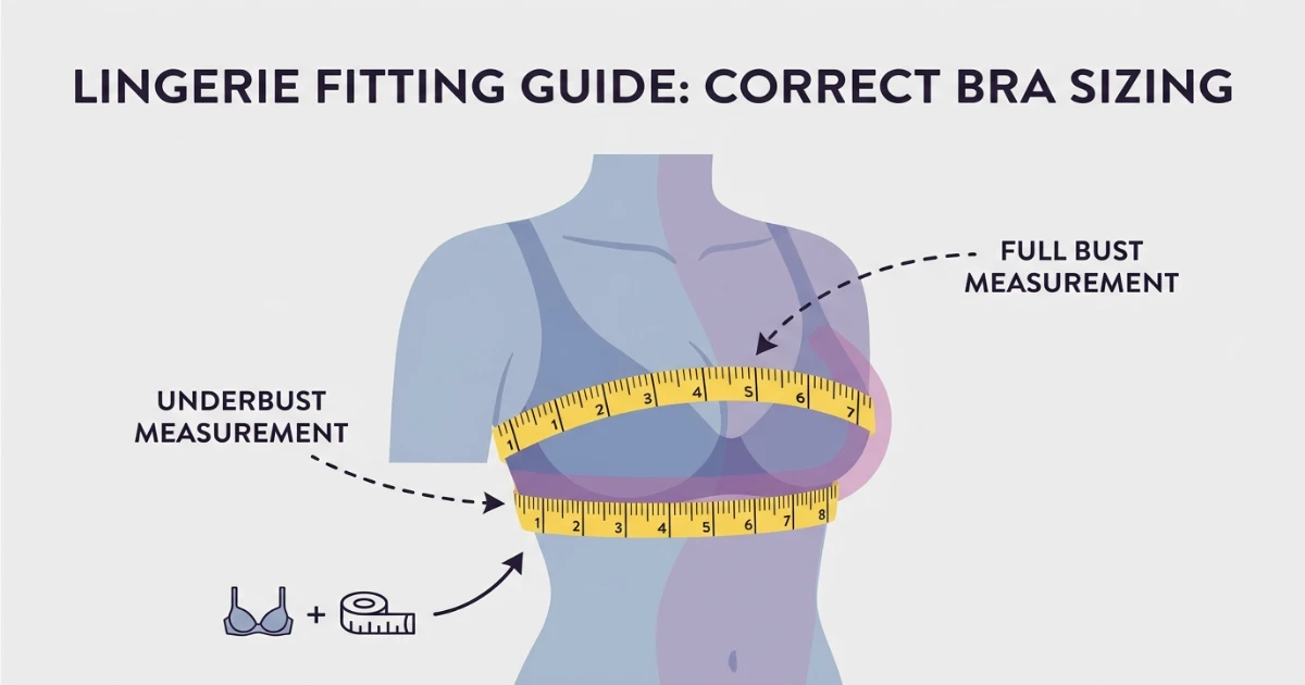Diagram showing how to measure underbust and full bust circumference, with arrows and labels indicating correct tape position for accurate bra sizing