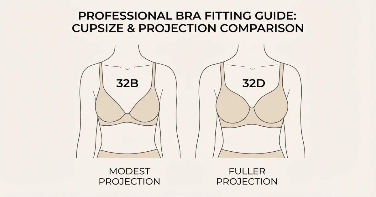 visual difference between 32B and 32D bust projection on a narrow frame