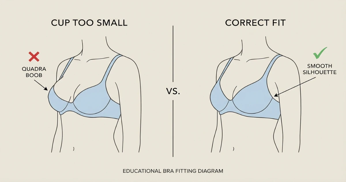 Side-by-side illustration showing cup overflow and quadra-boob in a too-small bra on the left, versus smooth, contained fit in a correctly sized bra on the right