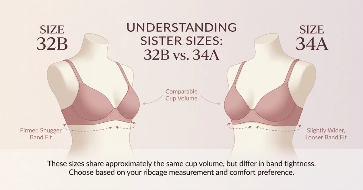 Side-by-side illustration comparing 32B and 34A bra sizes showing band and cup differences