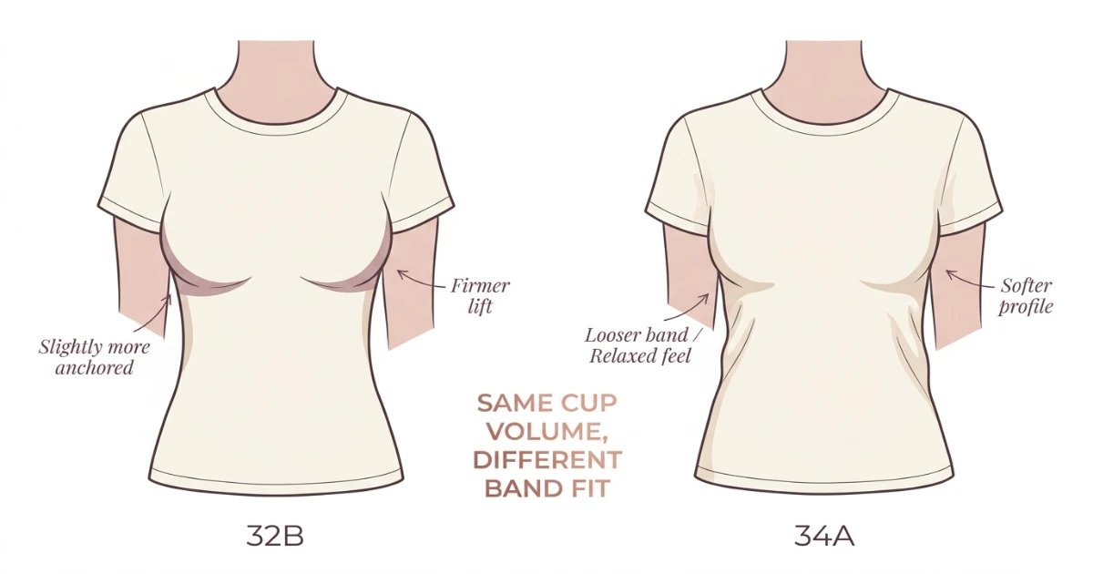 Illustration showing how 32B and 34A band support differs under clothing with firmer lift versus more relaxed silhouette