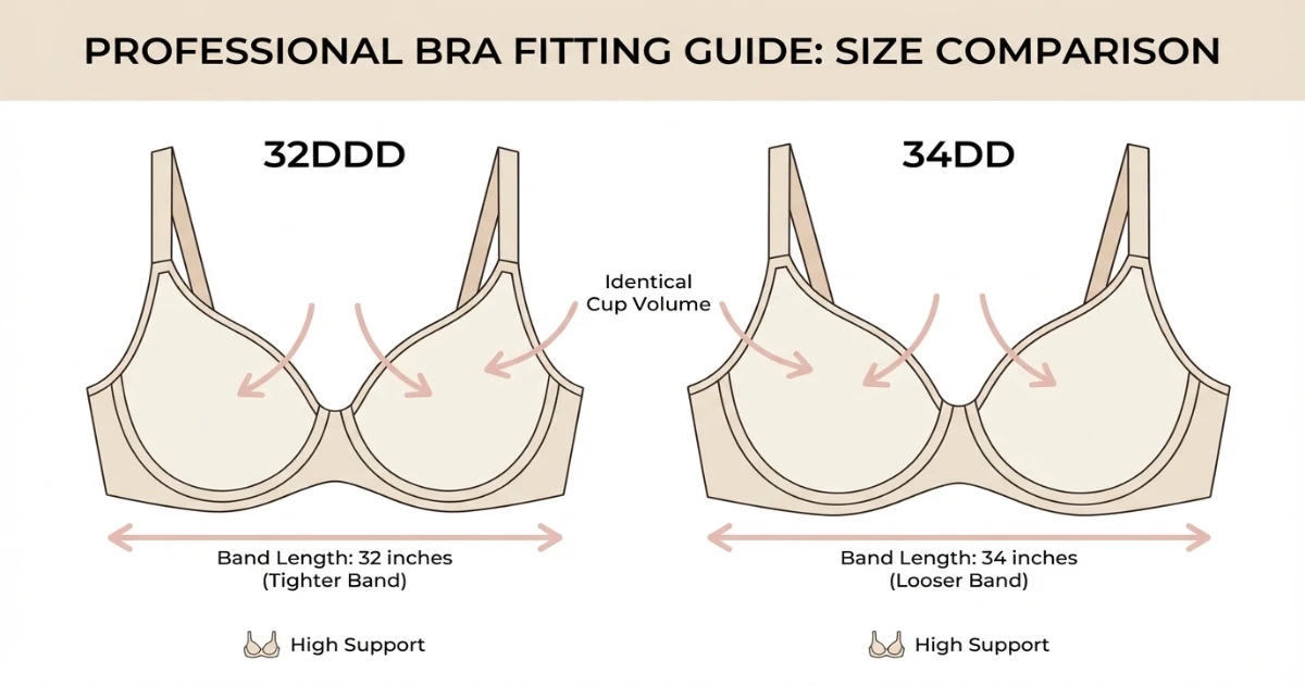 Side-by-side 32DDD vs 34DD bra size comparison showing sister size relationship