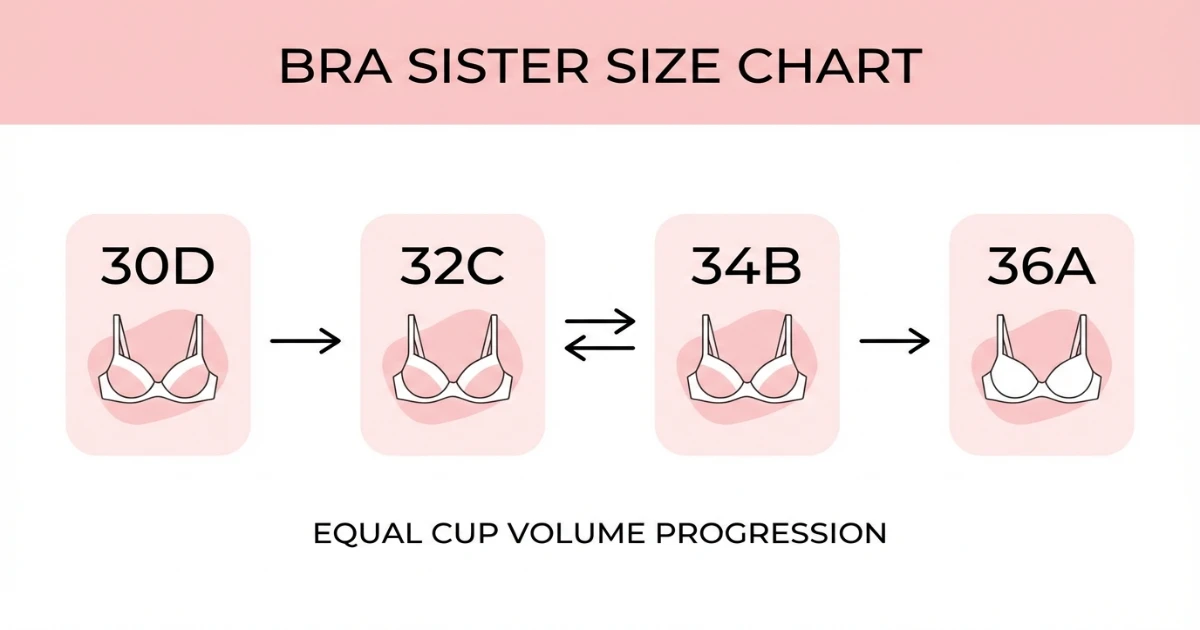 bra sister size chart showing 32C and 34B as equivalent cup volume sizes