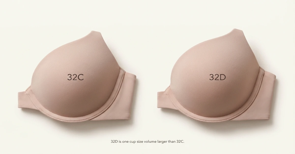 Side by side visual comparison of 32C and 32D bra cup volume with 32D shown slightly deeper and fuller