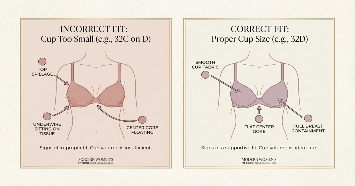 Bra fit illustration showing common signs of cups being too small or too large when comparing 32C and 32D