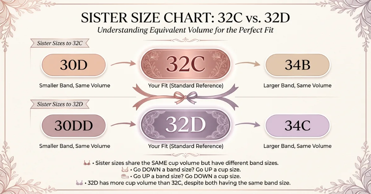 Simple sister size chart showing 32C with 30D and 34B, and 32D with 30DD and 34C