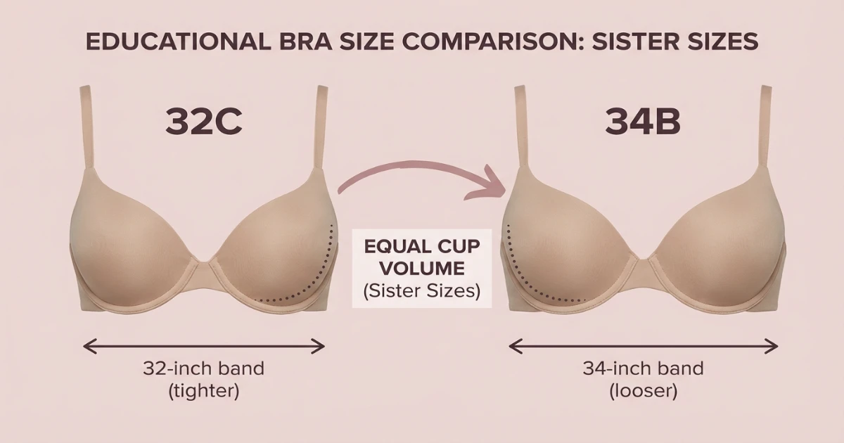 side by side comparison of 32C and 34B bra sizes showing sister size relationship