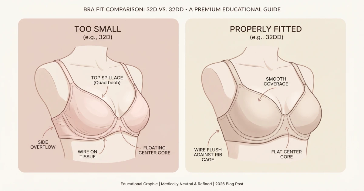 Bra fit illustration showing signs that 32D is too small and 32DD fits better