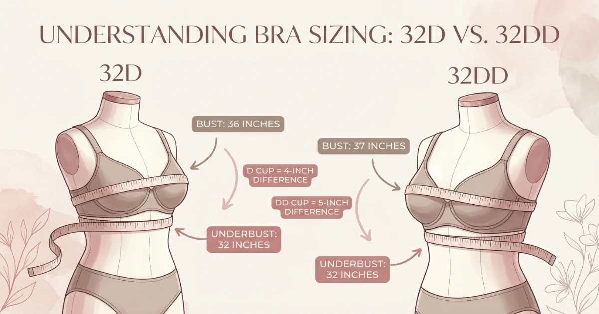 Bra measurement diagram showing 32D and 32DD underbust and bust measurements