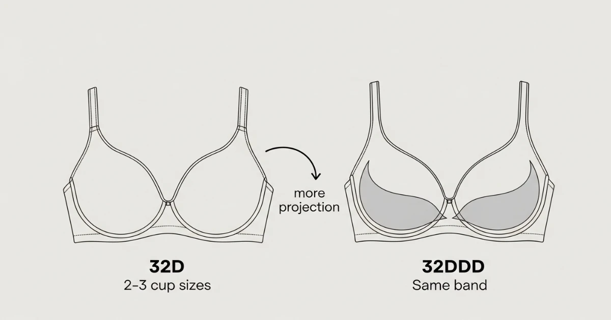 side by side comparison of 32D and 32DDD bra sizes showing same band with larger cup volume