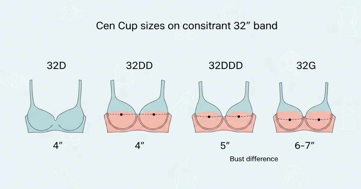cup progression chart showing 32D to 32DD to 32DDD on the same band size