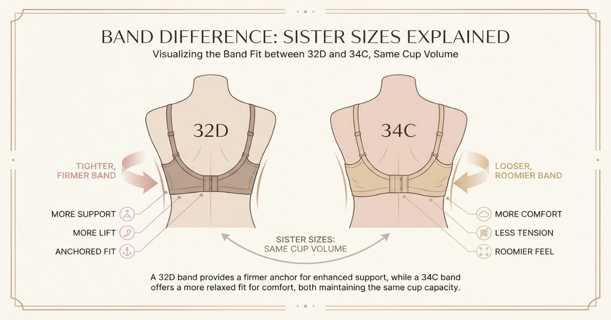 Side-by-side diagram showing 32D vs 34C bra size comparison with band and cup labels