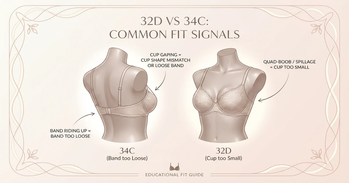 Illustration of common bra fit problems including band riding up, cup gaping, spillage and quad-boob