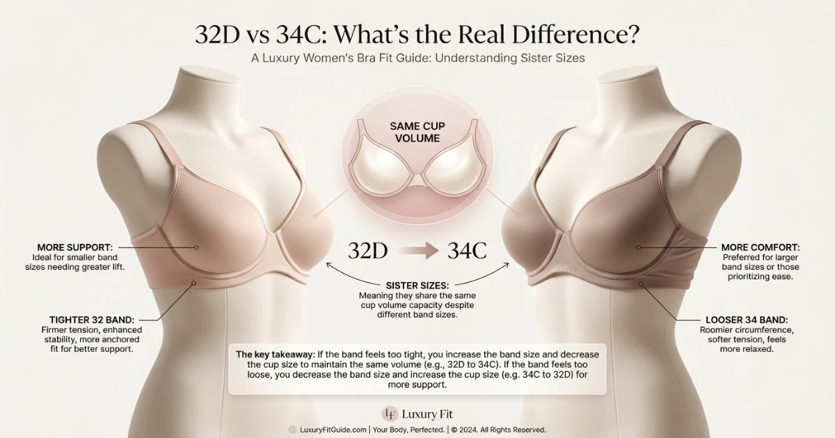 32D vs 34C sister size comparison showing equal cup volume with a tighter 32 band and a roomier 34 band